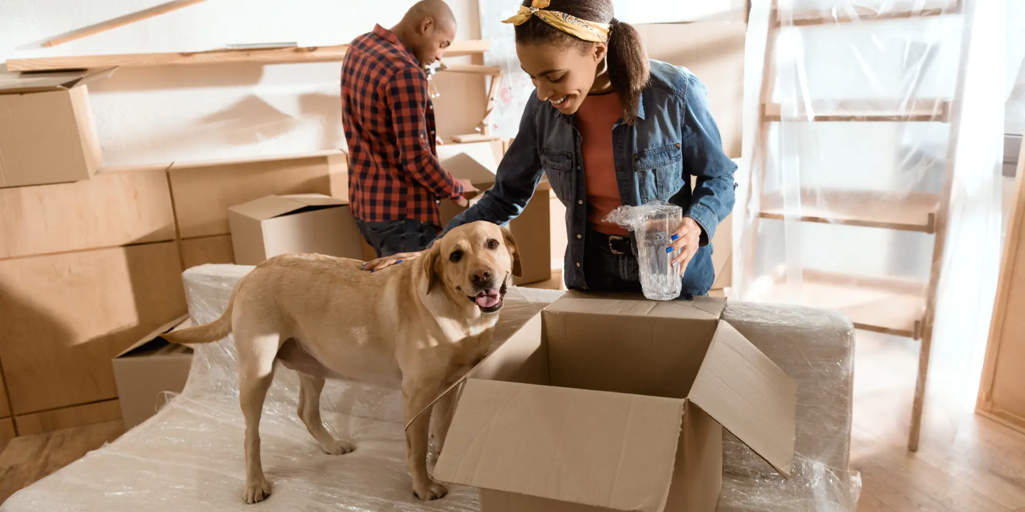 Couple packing boxes while their dog stands nearby during a home move.