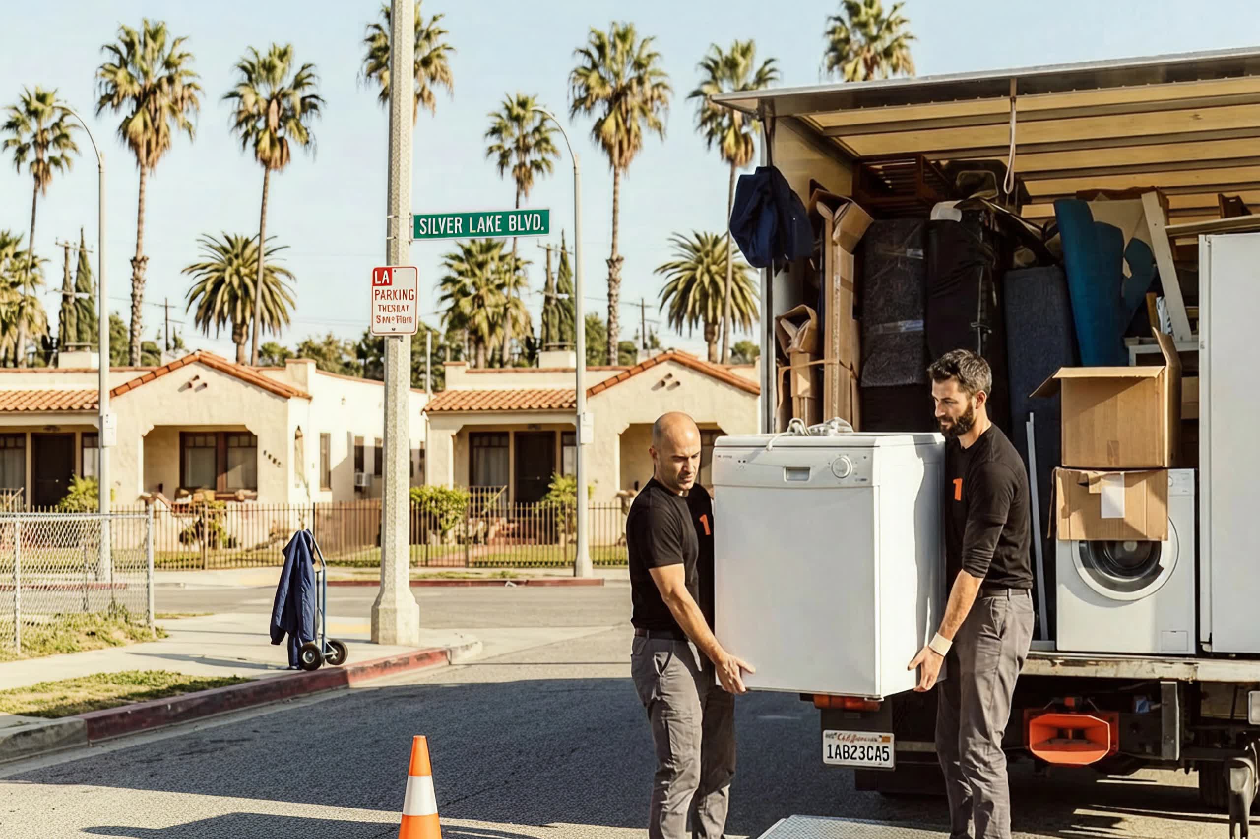 Professional movers unloading items from a moving truck in a luxury neighborhood.