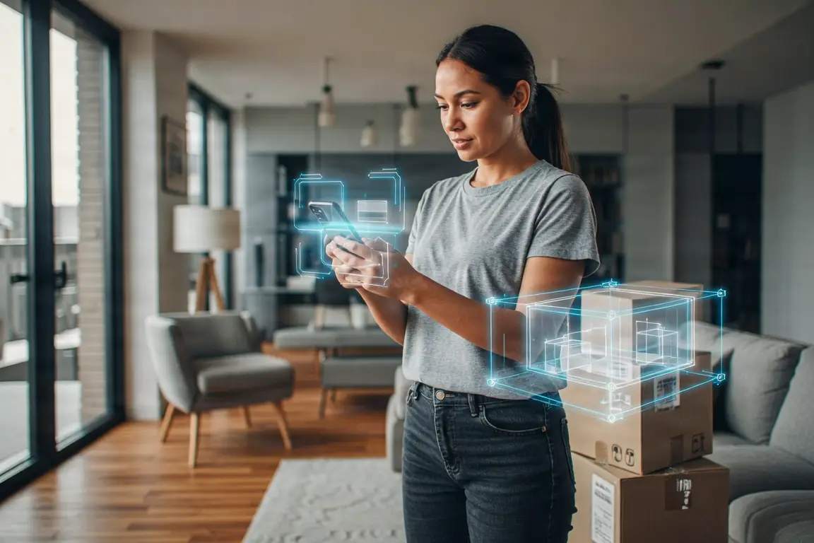 AI-powered smartphone app scanning a living room with moving boxes, showing digital inventory overlays and price estimation.