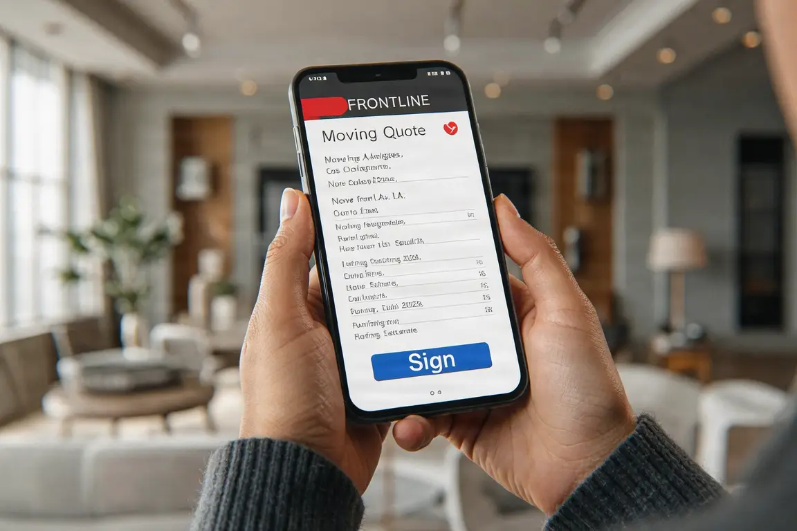 Close-up of a smartphone displaying a detailed Frontline AI moving quote with pricing and a 'Sign' button.